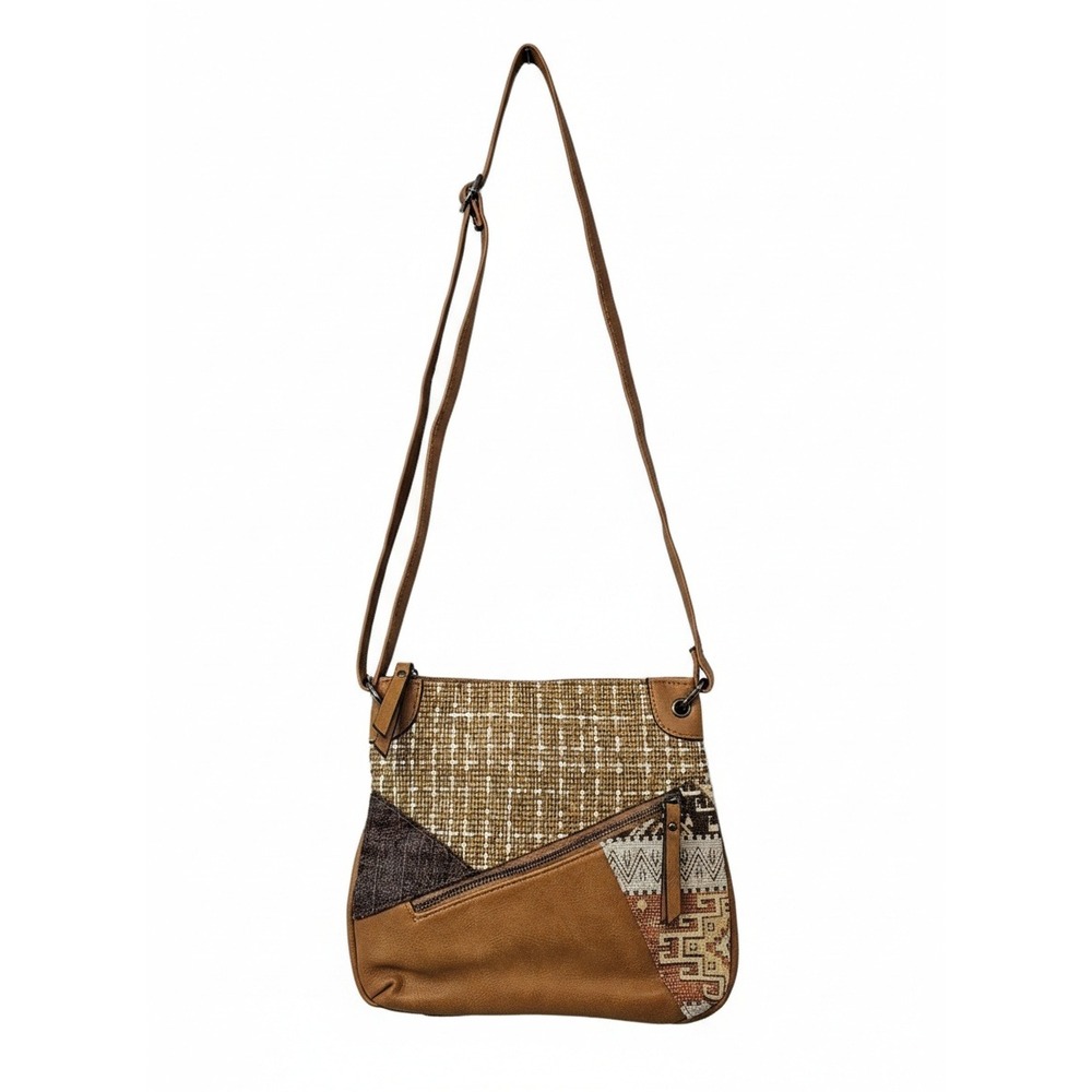 Melanie Paris Patchwork Camel Crossbody Bag Small Brown Mixed Media Excellent